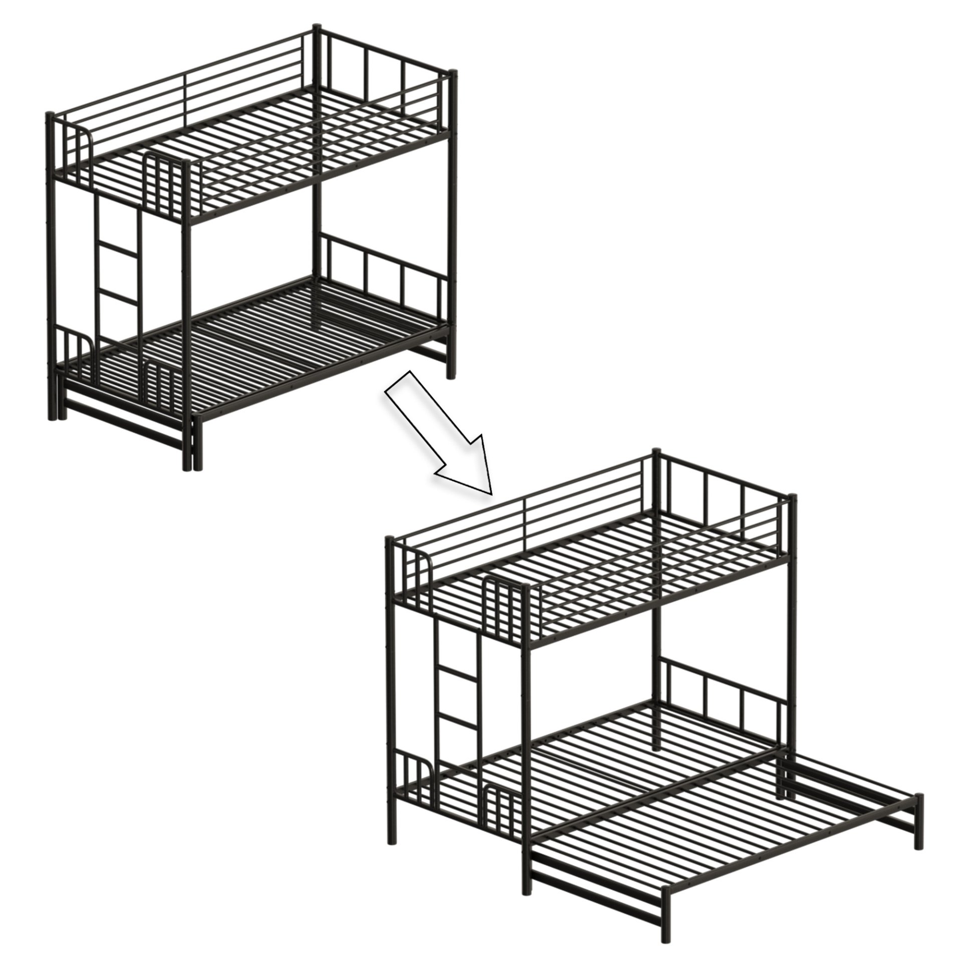 Twin Metal Pull Out Bunk Bed With Guardrail And Built In Ladder, Space Saving Convertible Frame For Bedroom - Black - Image 9