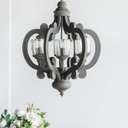 Farmhouse Chandelier, 6 Light Wood Chandelier Pendant Light Fixture With Adjustable Chain For Dining Room Living Room Entryway, Bulb Not Included - Gray