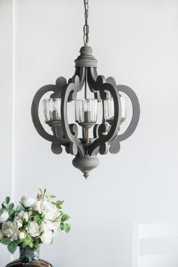 Farmhouse Chandelier, 6 Light Wood Chandelier Pendant Light Fixture With Adjustable Chain For Dining Room Living Room Entryway, Bulb Not Included - Gray