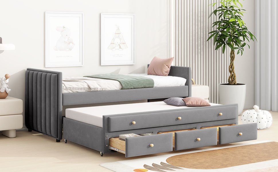 Twin Size Upholstered Daybed With Twin Size Trundle And Drawers - Gray - Image 21