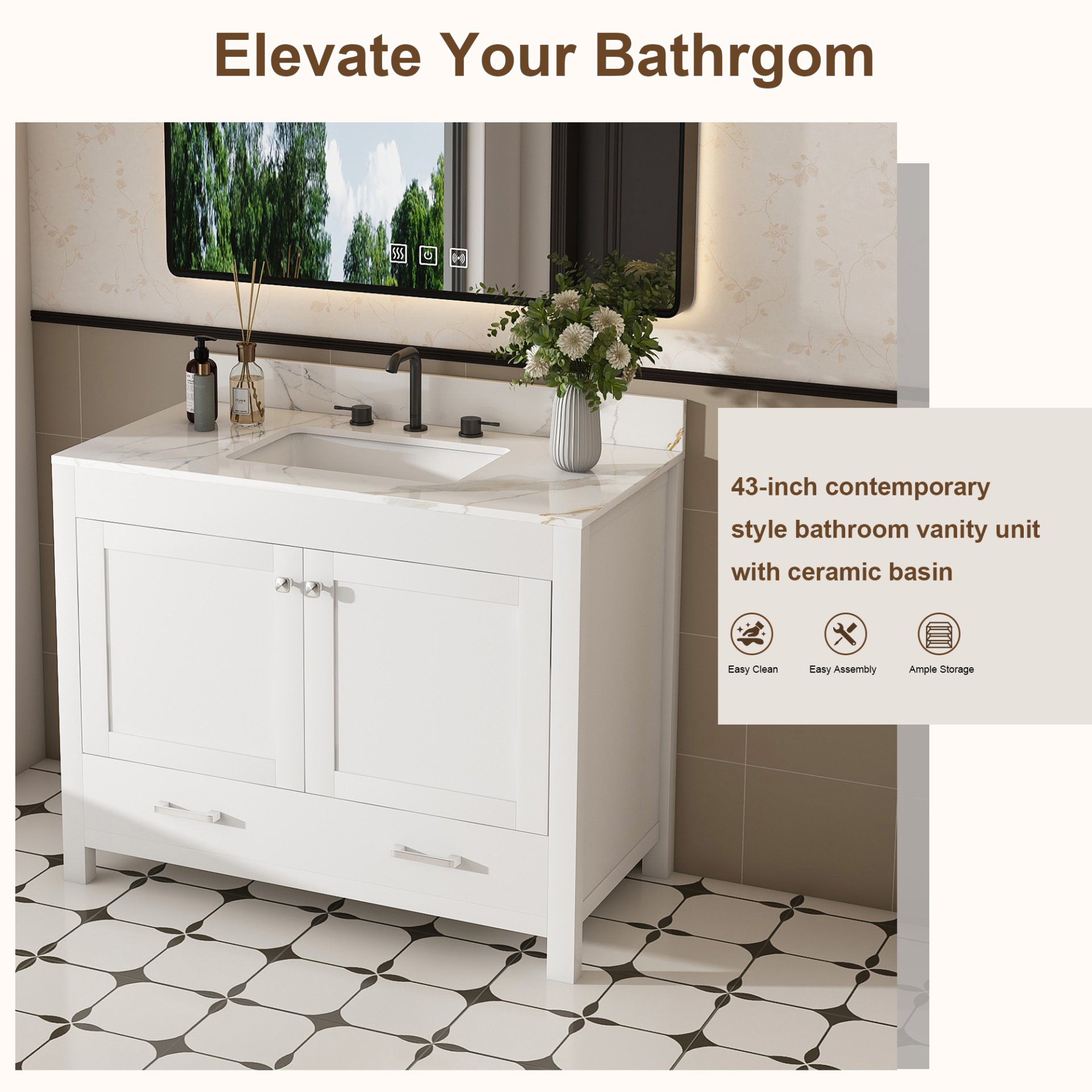 43" Bathroom Vanity, Multi Functional Cabinet With Doors And Drawer - White - Image 5