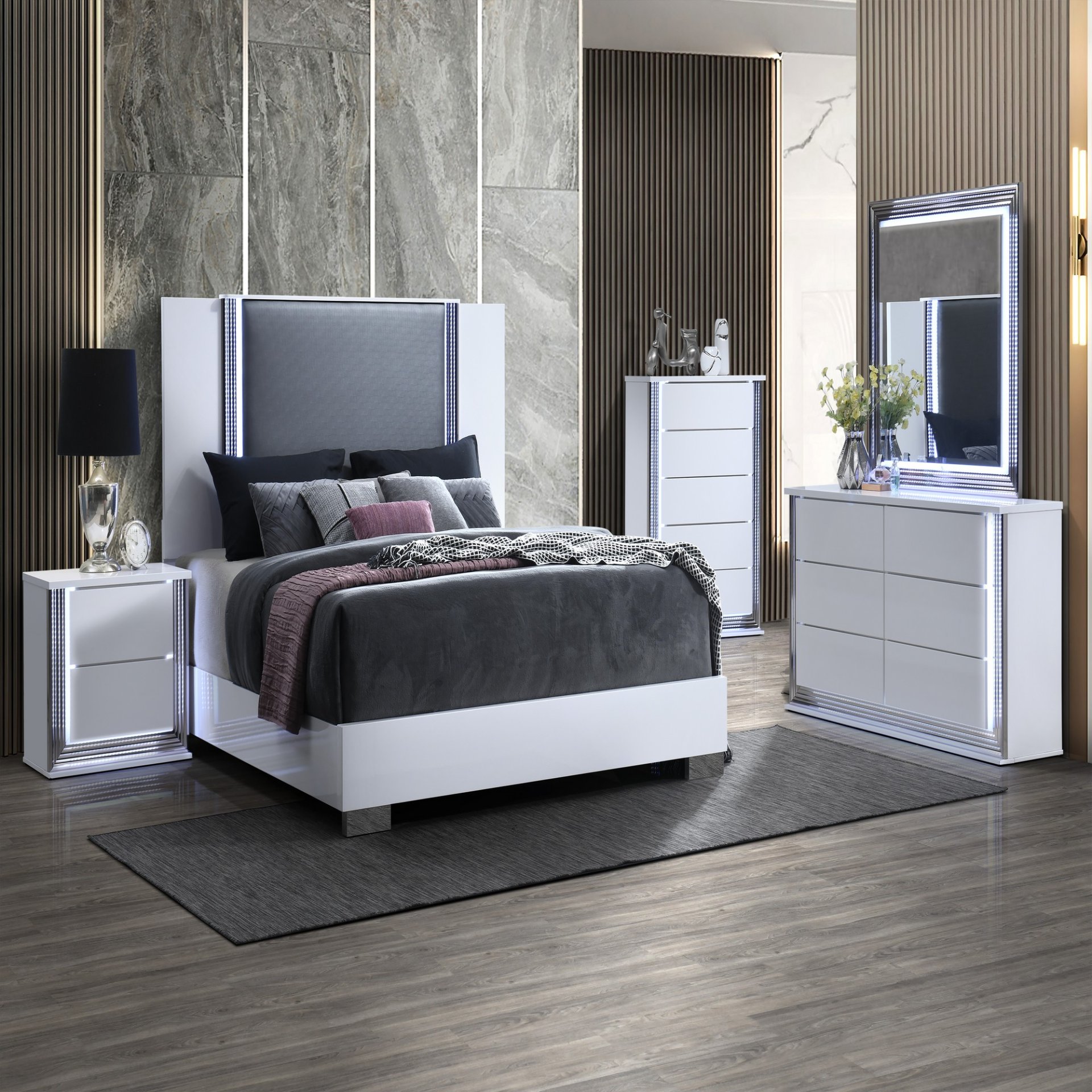 Moon - Smooth Queen 5 Pieces Bedroom Set With LED Accent Lighting And Marble Highlights - White - Image 2