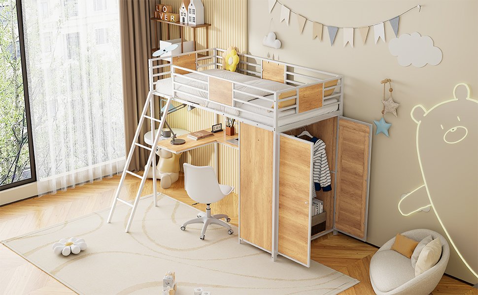 Twin Size Loft Bed With L Shape Desk And Wardrobe - White - Image 24