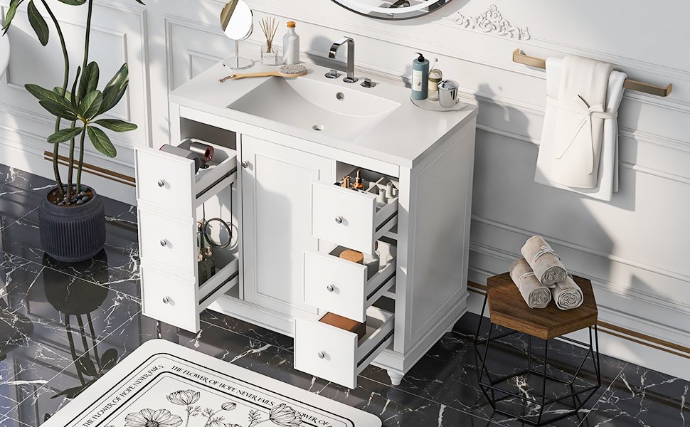 Contemporary Bathroom Vanity Cabinet, 4 Drawers & 1 Cabinet Door, Multipurpose Storage, Resin Integrated Sink, Adjustable Shelves, Solid Wood Frame With MDF - White - Image 5