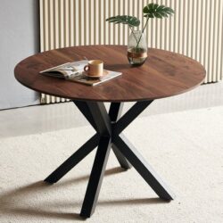 Wood Table Mid-Century Dining Table For 4 - 6 People With Round MDF Table Top, Pedestal Dining Table, End Table Leisure Coffee Table, Cross Leg - Matte Black / Natural