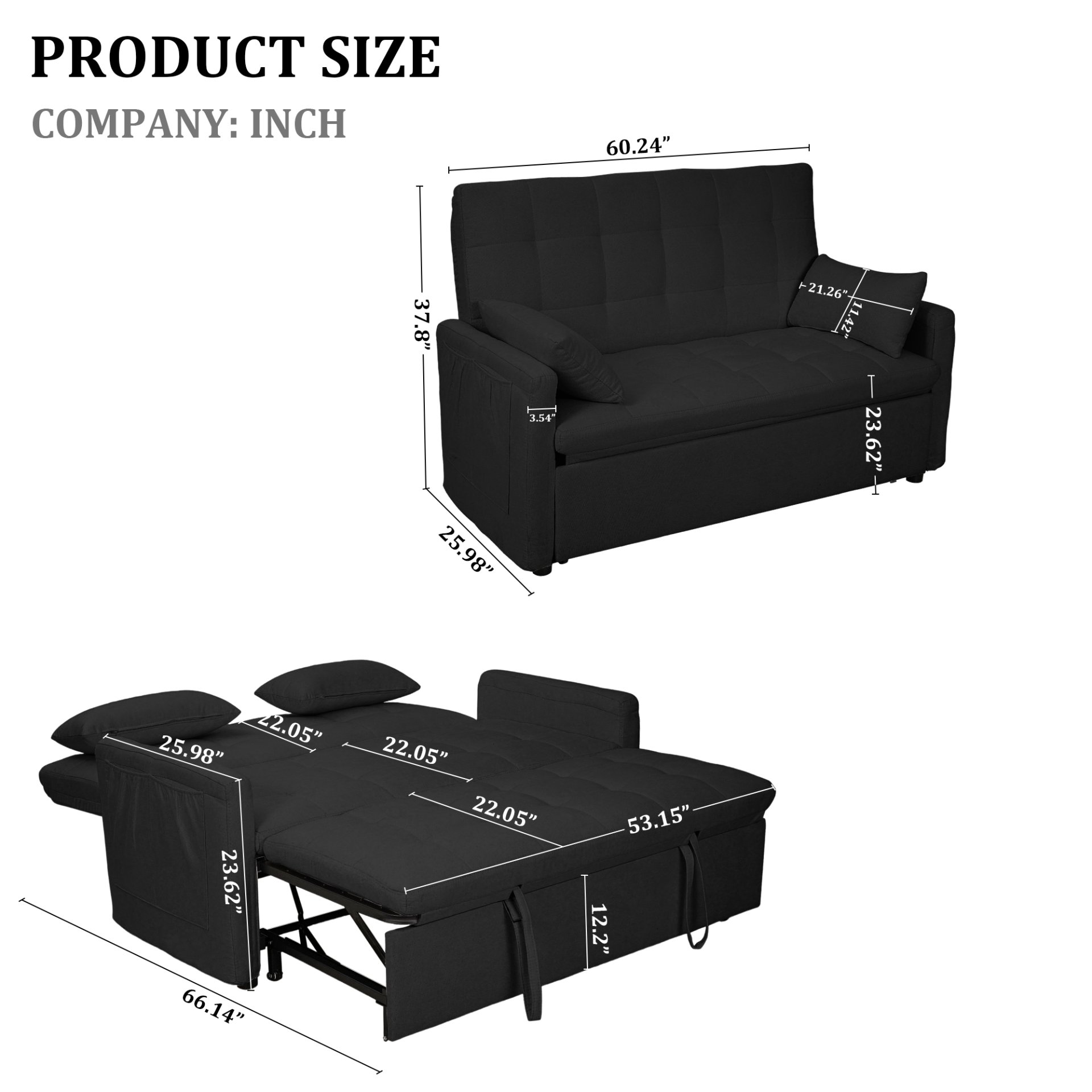 Balus - 2 In 1 Convertible Sofa Bed With Storage And Adjustable Backrest - Black - Image 3