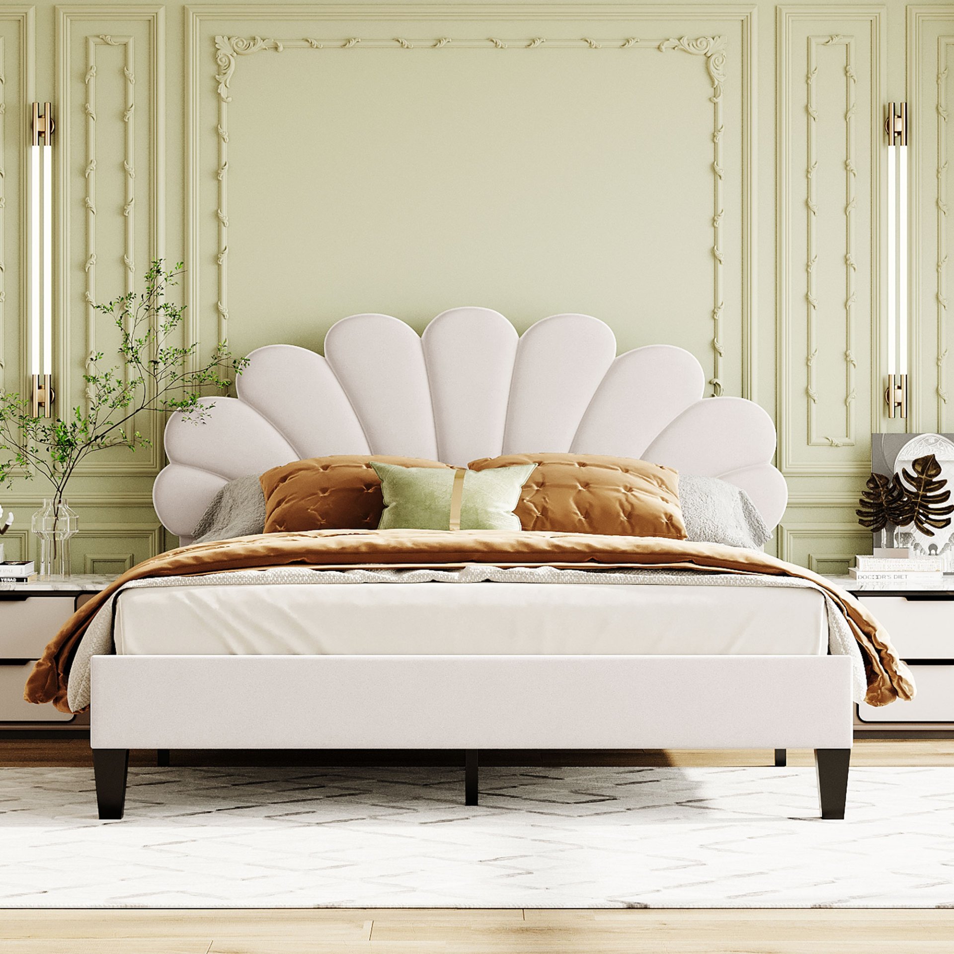 Queen Size Upholstered Platform Bed With Flower Pattern Headboard - Beige - Image 3