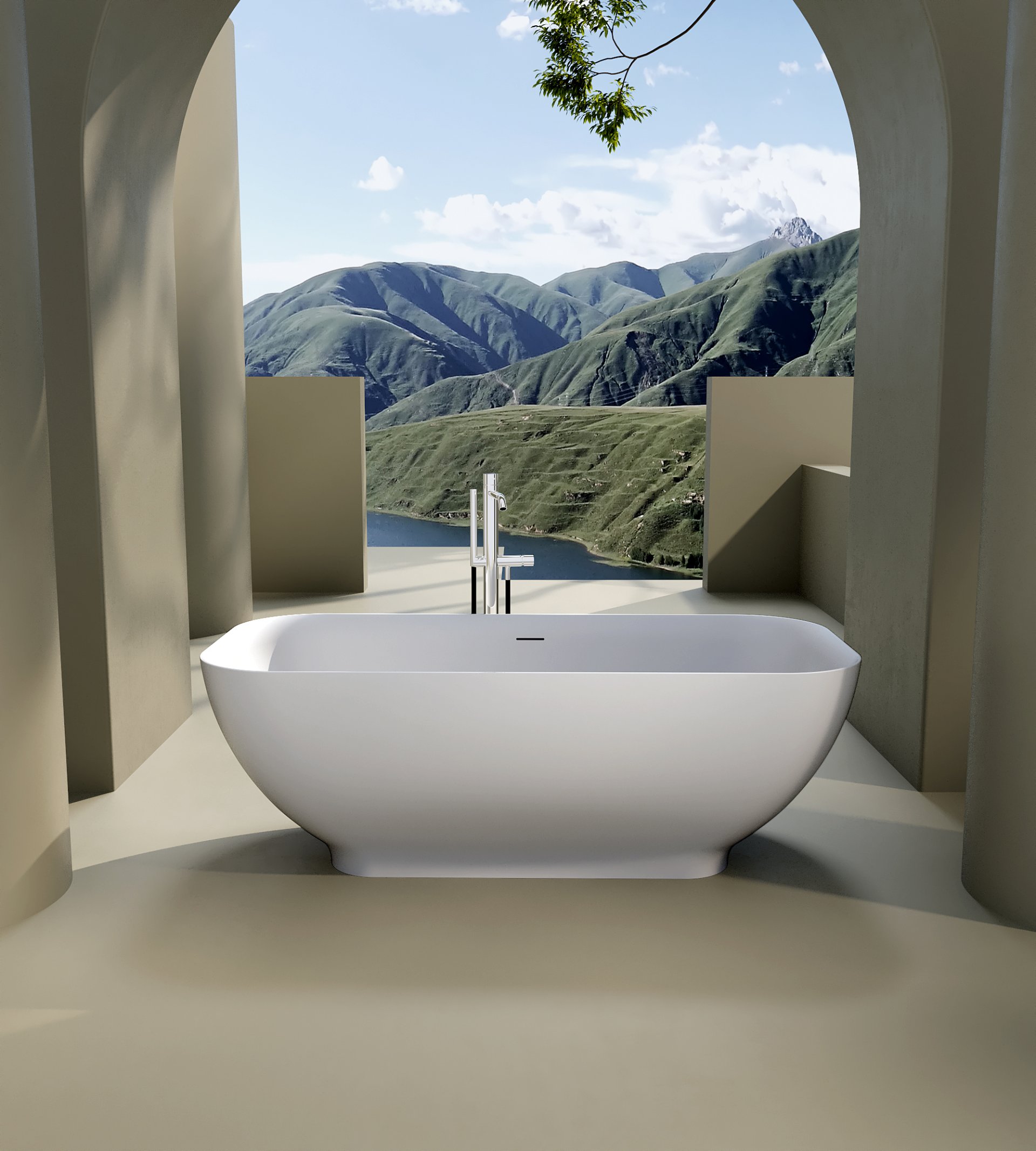 Freestanding Solid Surface Bathtub, Luxury Engineered Stone Resin Freestanding Soaking Bathtub With Overflow And Pop-Up Drain Cupc Certified, 22S04-67 - Matte White - Image 4