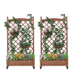 Raised Garden Bed With Trellis 2 Pack, Outdoor Planter Box & Plant Stand With Climbing Racks - Brown