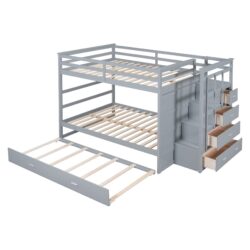 Full Over Full Bunk Bed With Twin Size Trundle And Staircase - Gray