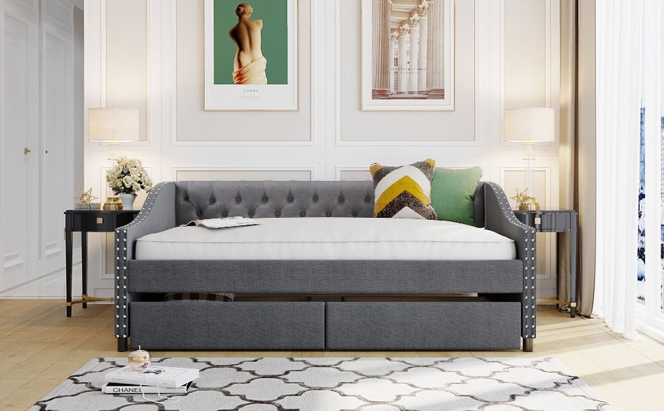 Full Size Upholstered Daybed With Two Drawers, Slat Support - Gray - Image 15