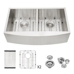Double Bowl Sink 36" X 20" X 9" Apron Front With 50 / 50 Layout, 16 Gauge T304 Steel - Brushed Nickel