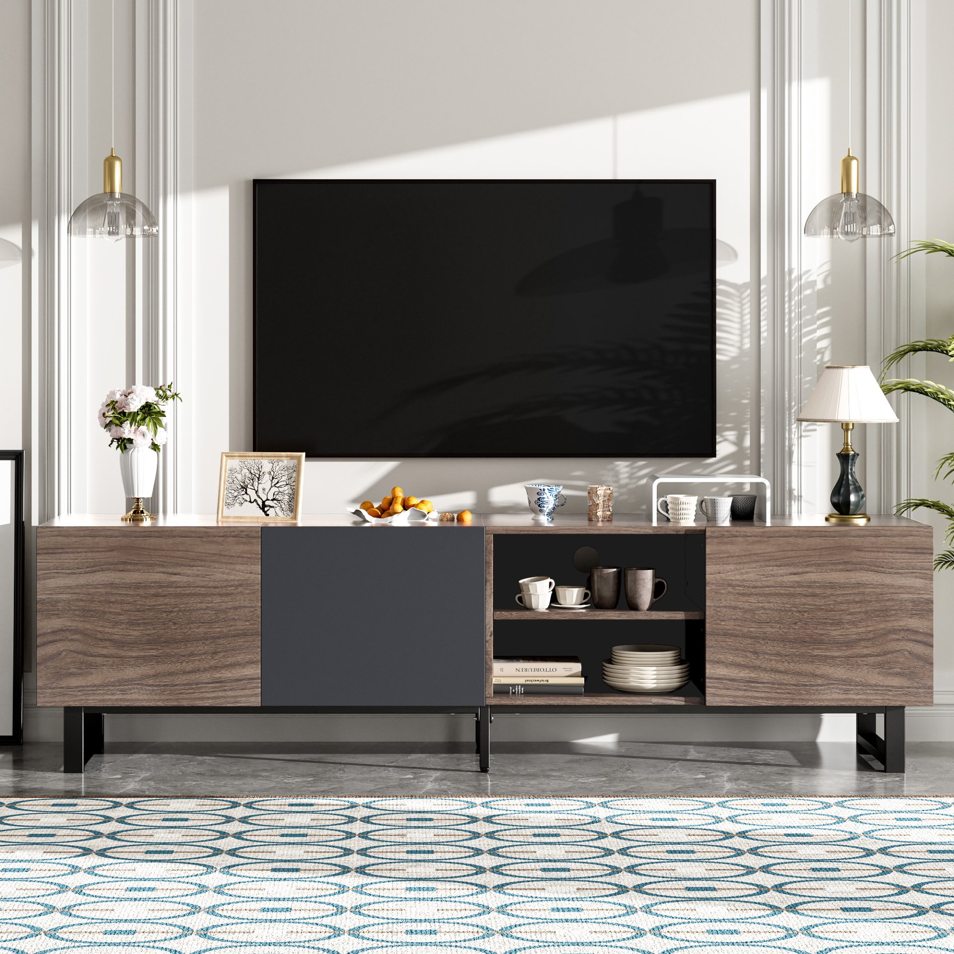 Modern TV With 3 Cabinets & Open Shelves, Color-Matching Media Console Table For Tvs Up To 80'', Entertainment Center With Drop Down Door For Living Room - Dark Brown - Image 2