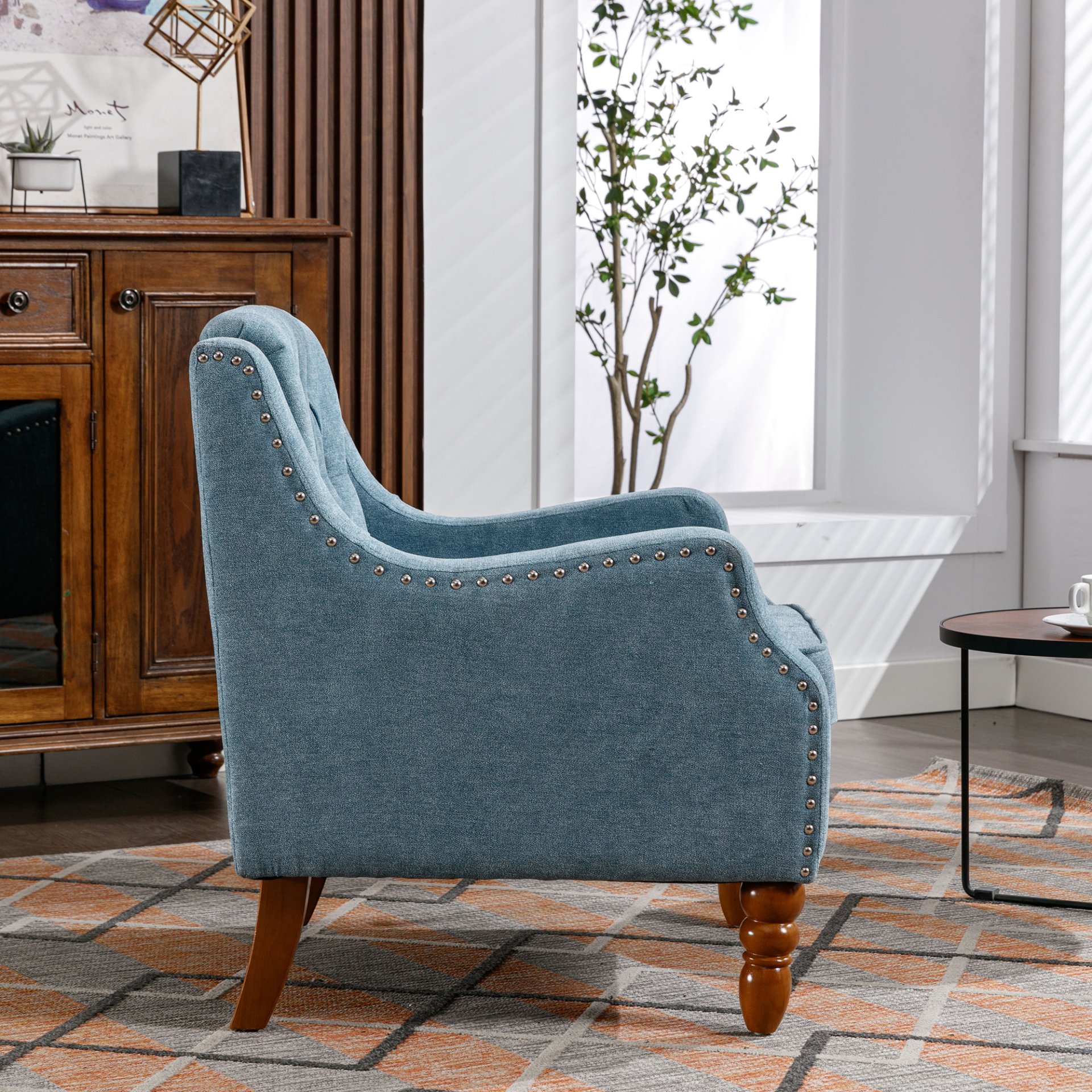 Accent Chair, Living Room Chair, Footrest Chair Set With Vintage Brass Studs, Button Tufted Upholstered Armchair For Living Room, Comfy Reading Chair For Bedroom, Reception Room - Blue - Image 6