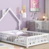 Full House-Shaped Headboard Floor Bed With Fence - White - Image 6