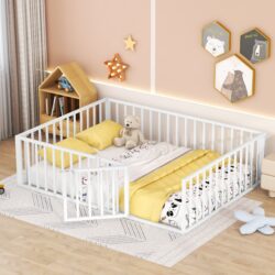 Queen Size Floor Bed Frame With Fence And Door - White