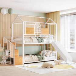 Twin Over Twin Bunk Bed, Housebed With Slide And Storage Stair - White