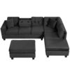Modern Sectional Sofa With Storage Ottoman, L - Shape Couch With 2 Pillows And Cup Holders - Black - Image 11
