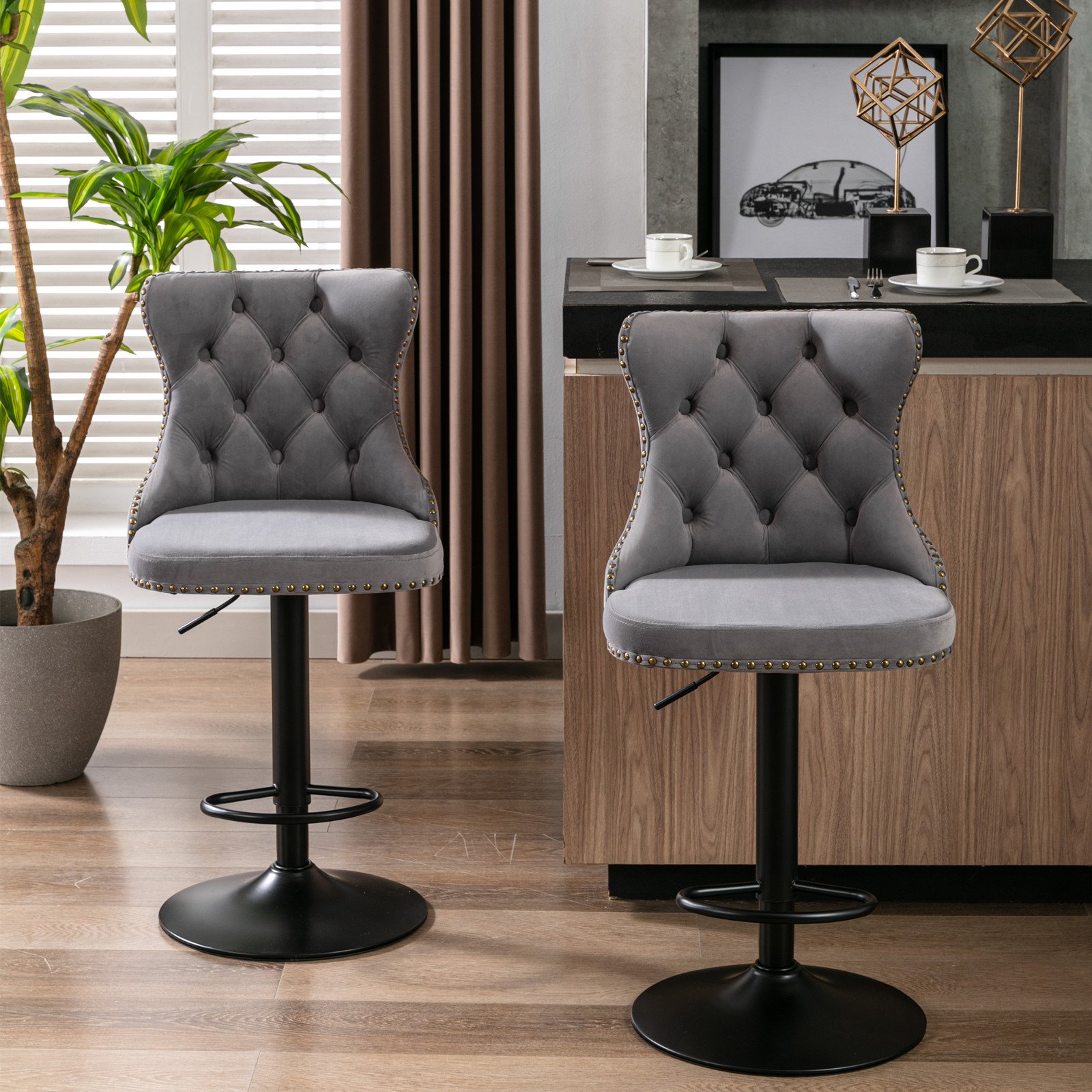 Swivel Velvet Barstools Adjusatble Seat Height, Modern Upholstered Bar Stools With Backs Comfortable Tufted For Home Pub And Kitchen Island (Set of 2) - Gray - Image 13