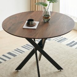 Table Mid-Century Dining Table For 4 - 6 People With Round MDF Table Top, Pedestal Dining Table, End Table Leisure Coffee Table, Cross Leg - Matte Black / Natural