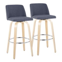 Toriano - Contemporary Fixed Height Barstool With Swivel With Round Footrest (Set of 2) - Natural / Blue