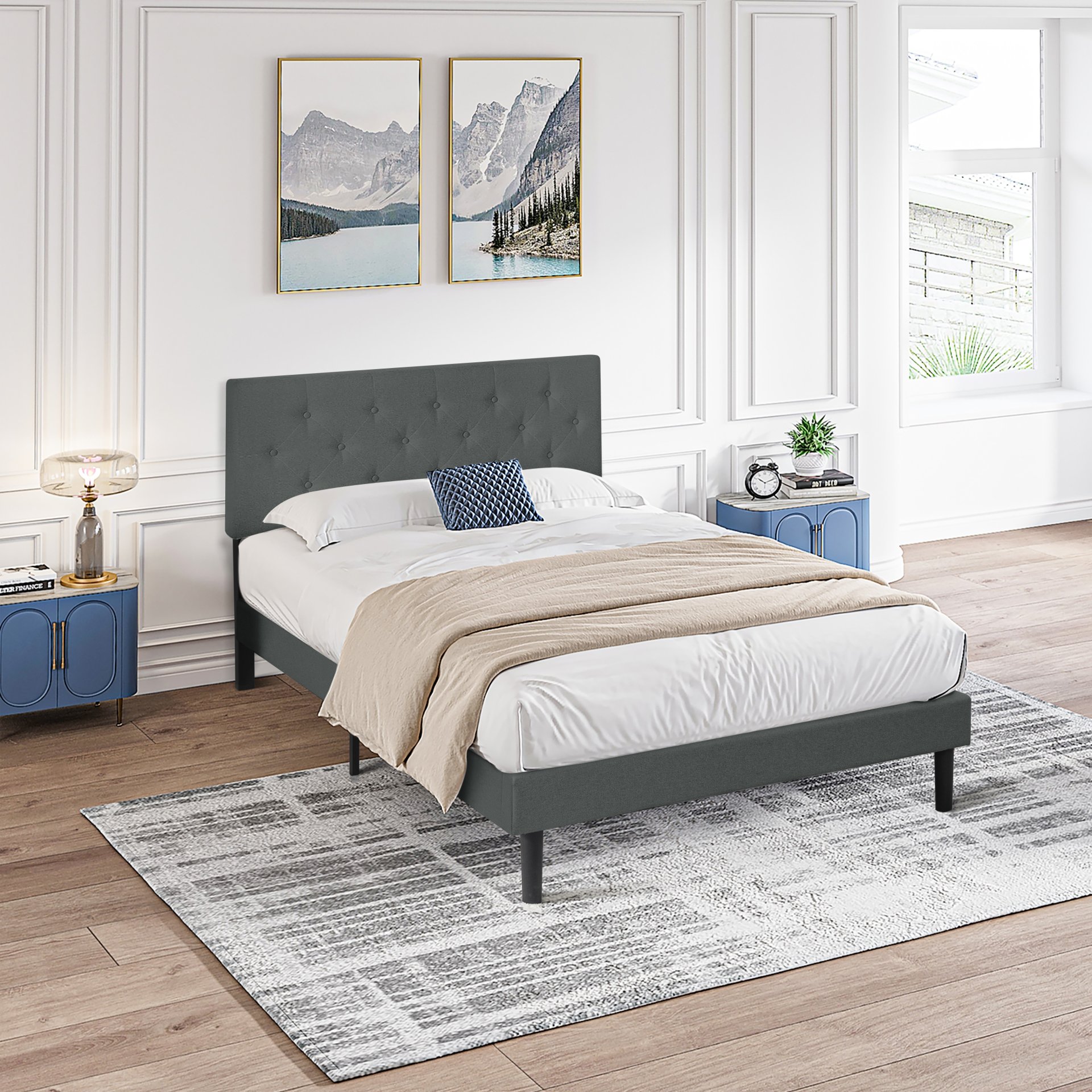 Queen Size Upholstered Platform Bed Frame With Modern Button Tufted Linen Fabric Headboard, Wood Slat Support - Dark Gray - Image 2