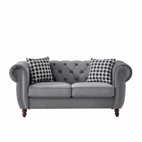 Chesterfield Velvet Upholstery Fabric Sofa With Roll Armrest And Nailhead, Mid Century Modern 2 Seater Couch - Gray