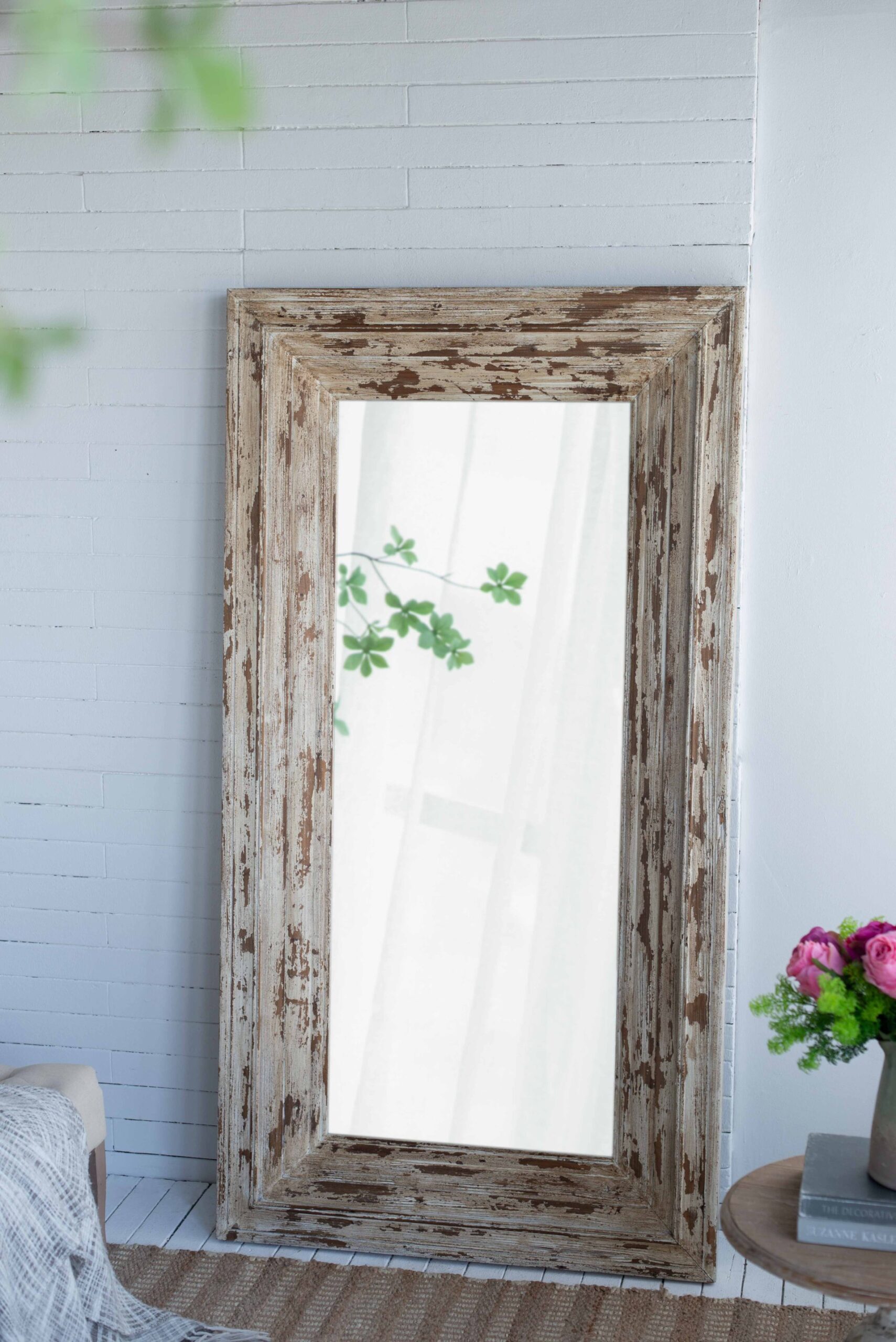 Full Length Rectangle Floor Mirror With Distressed Wood Frame - Brown - Image 5