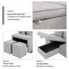 Pull Out Sleeper Sofa Reversible L-Shape 3 Seat Sectional Couch With Storage Chaise And 2 Stools For Living Room Furniture Set - Gray - Image 5
