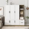 3 Door Storage Wardrobe For Dedroom With Shelves And 2 Drawers, Side Storage Shelves - White - Image 15