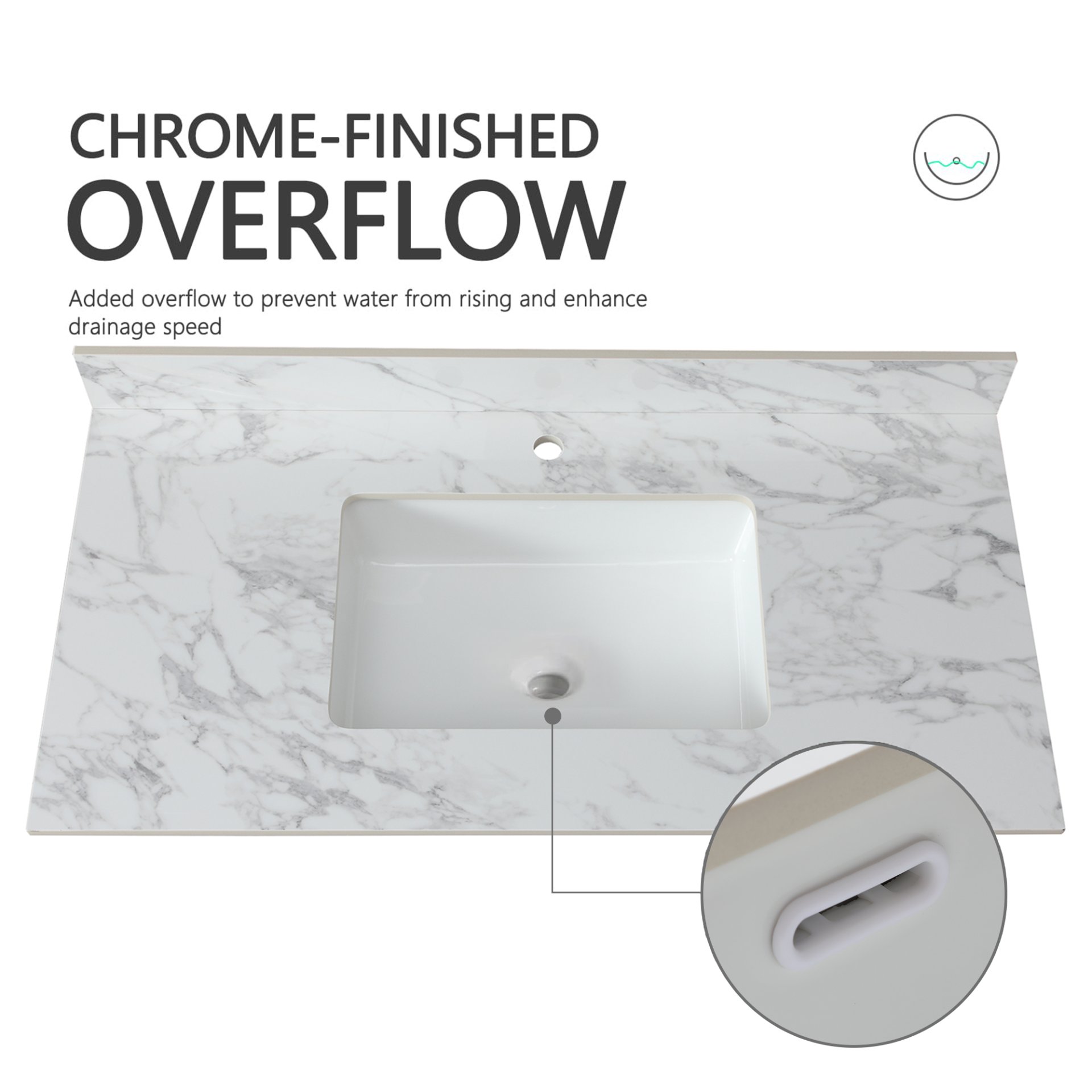 Sintered Stone Bathroom Vanity Top With Rectangular Undermount Ceramic Sink And Backsplash, Single Faucet Hole - Carrara White - Image 4