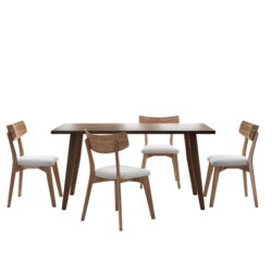 5 Piece Mid Century Dining Set With Walnut Frame And Upholstered Dining Chairs - Light Beige / Brown