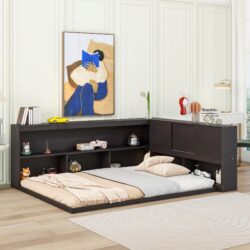 Full Floor Bed With L-Shaped Bookcases, Sliding Doors, Without Slats - Espresso