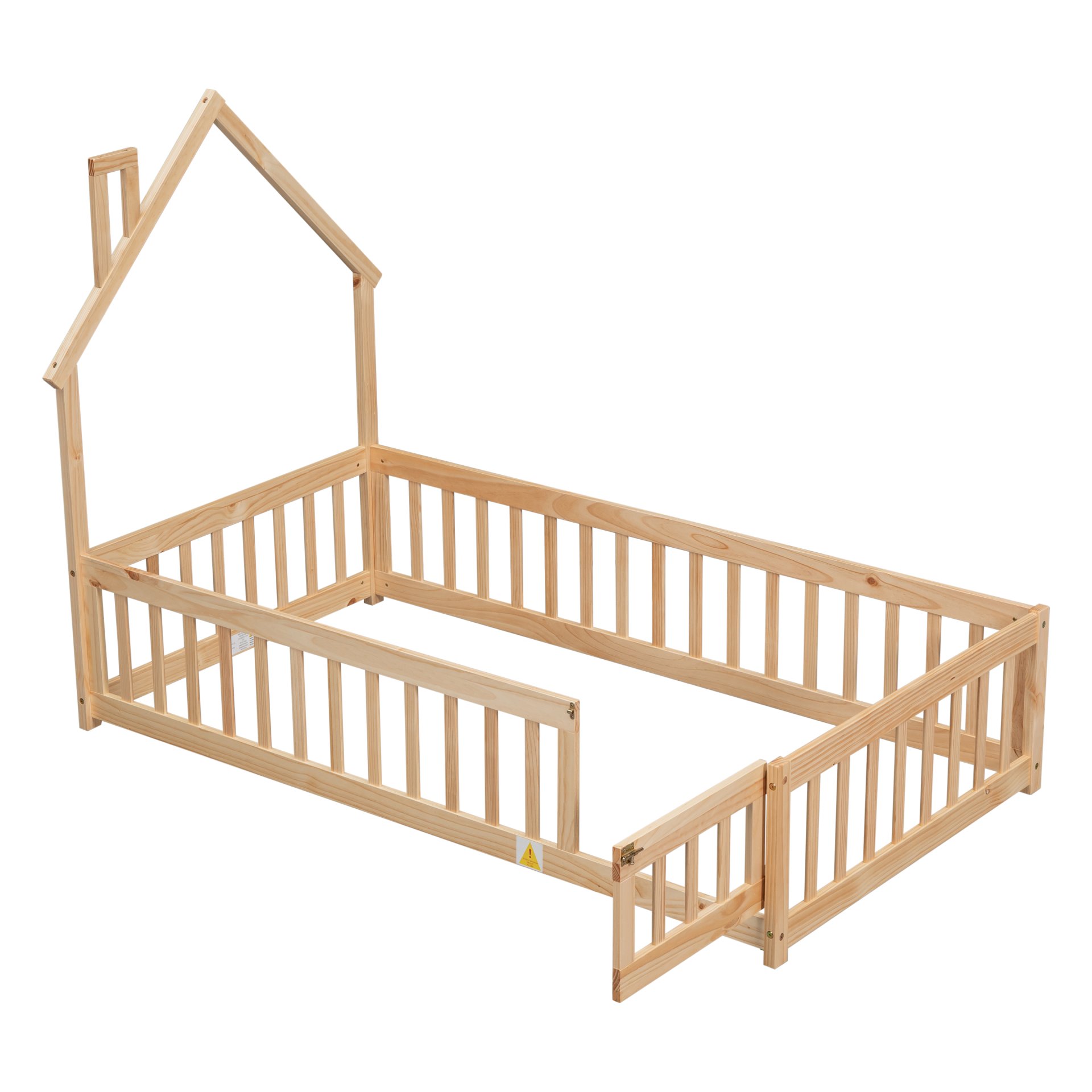 Twin House-Shaped Headboard Floor Bed With Fence - Natural - Image 8
