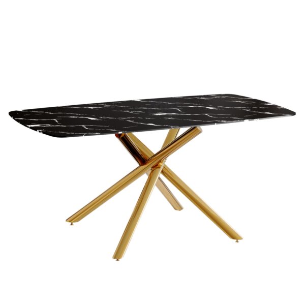 Luxurious Marble Patterned Dining Table With en Metal Fork Legs, Tempered Glass Top - Black / Gold