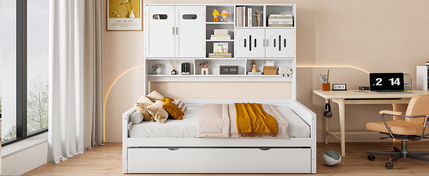 Full Size Wooden Daybed With Twin Size Trundle, And All In One Cabinet And Shelf - White - Image 21