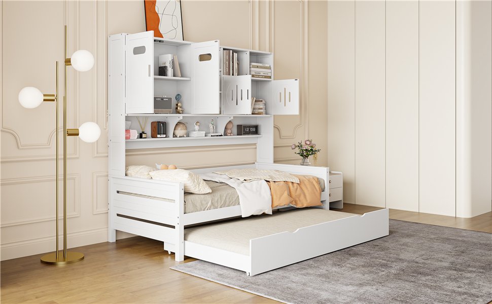 Twin Size Wooden Daybed With Twin Size Trundle, And All In One Cabinet And Shelf - White - Image 16