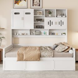 Full Size Wooden Daybed With Hydraulic Bed And All In One Cabinet And Shelf - White