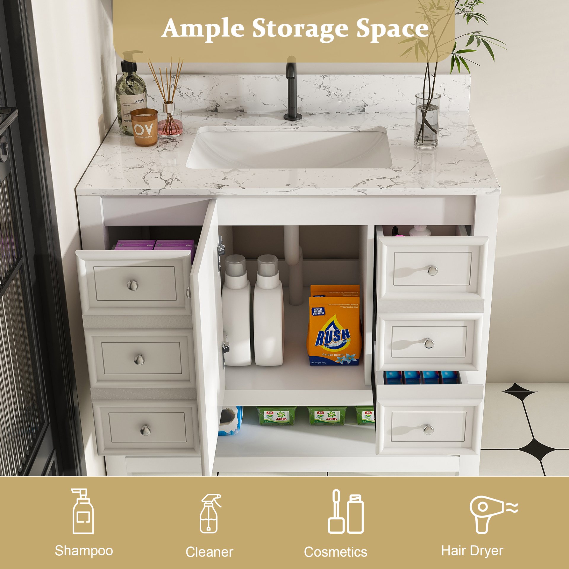 37" Bathroom Vanity, Multi Functional Cabinet With Doors And Drawers, Frame, Single Faucet Hole - White - Image 7