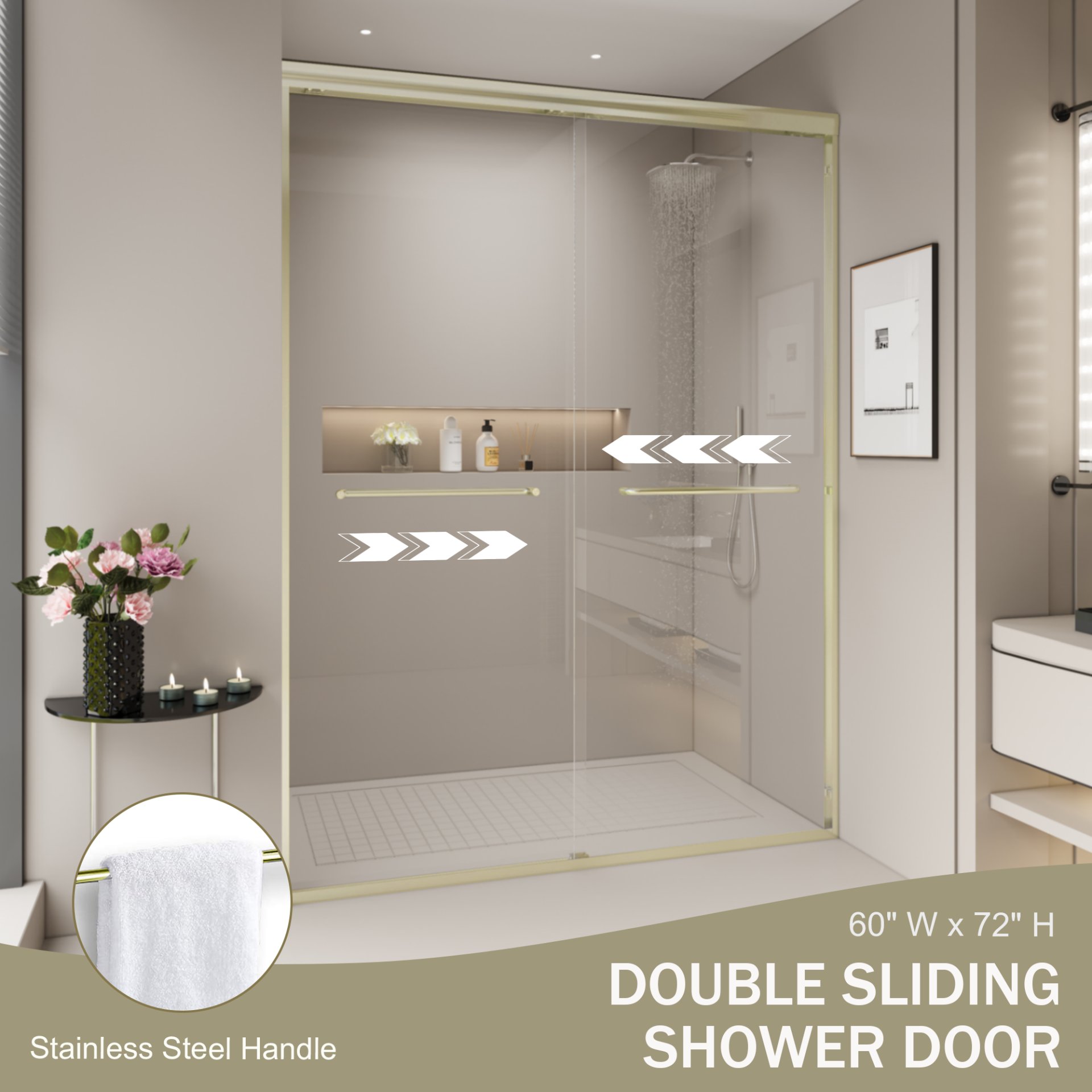Double Sliding Shower Door, Semi Frameless Bypass Bathroom Sliding Door With 1 / 4" (6Mm) Tempered Glass For Walk In Shower - Brushed Gold - Image 5