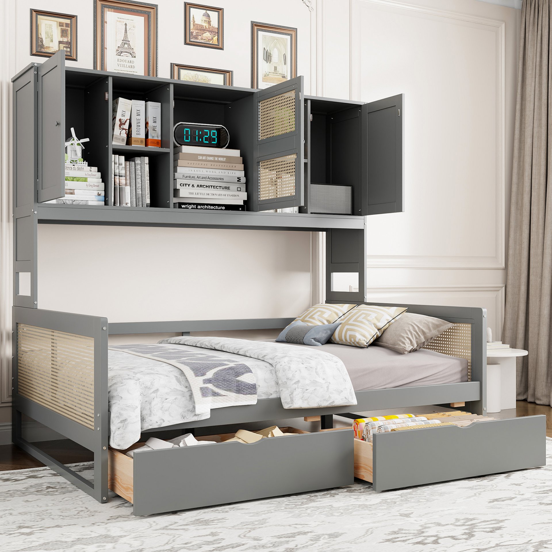 Full Size Wooden Daybed With 2 Drawers, And All In One Cabinet And Shelf - Gray - Image 2