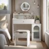 White Vanity Desk With 360° Rotated Mirror And Adjustable Lights, Girls Makeup Vanity Table With Storage Chair And Side Cabinet - Antique White - Image 2