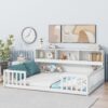 Full Floor Bed With Side Bookcase, Shelves, Guardrails - White - Image 3