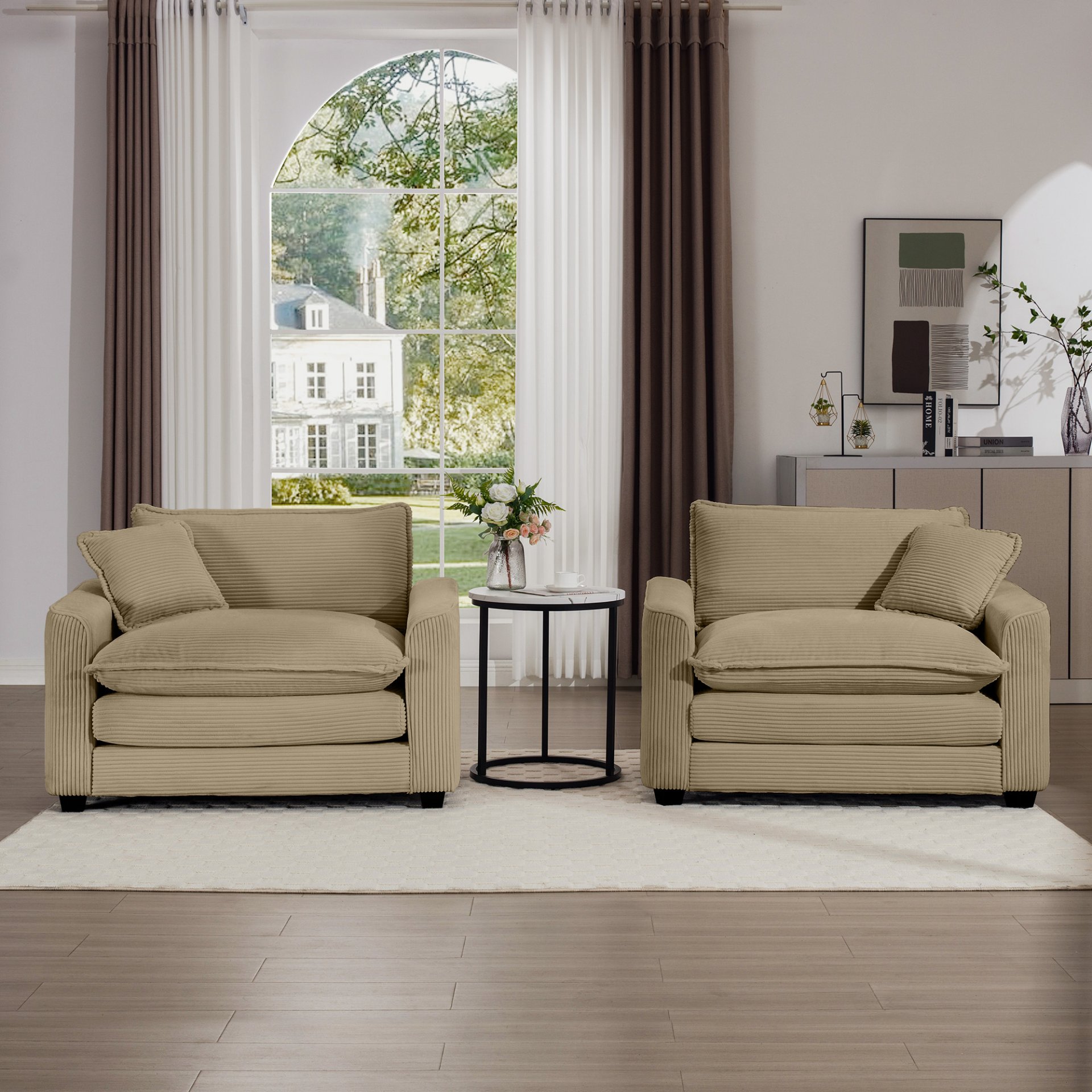 Luxurious Deep Seated Sofa Set With 2 Single Chairs Corduroy For Bedroom And Office - Tan - Image 11