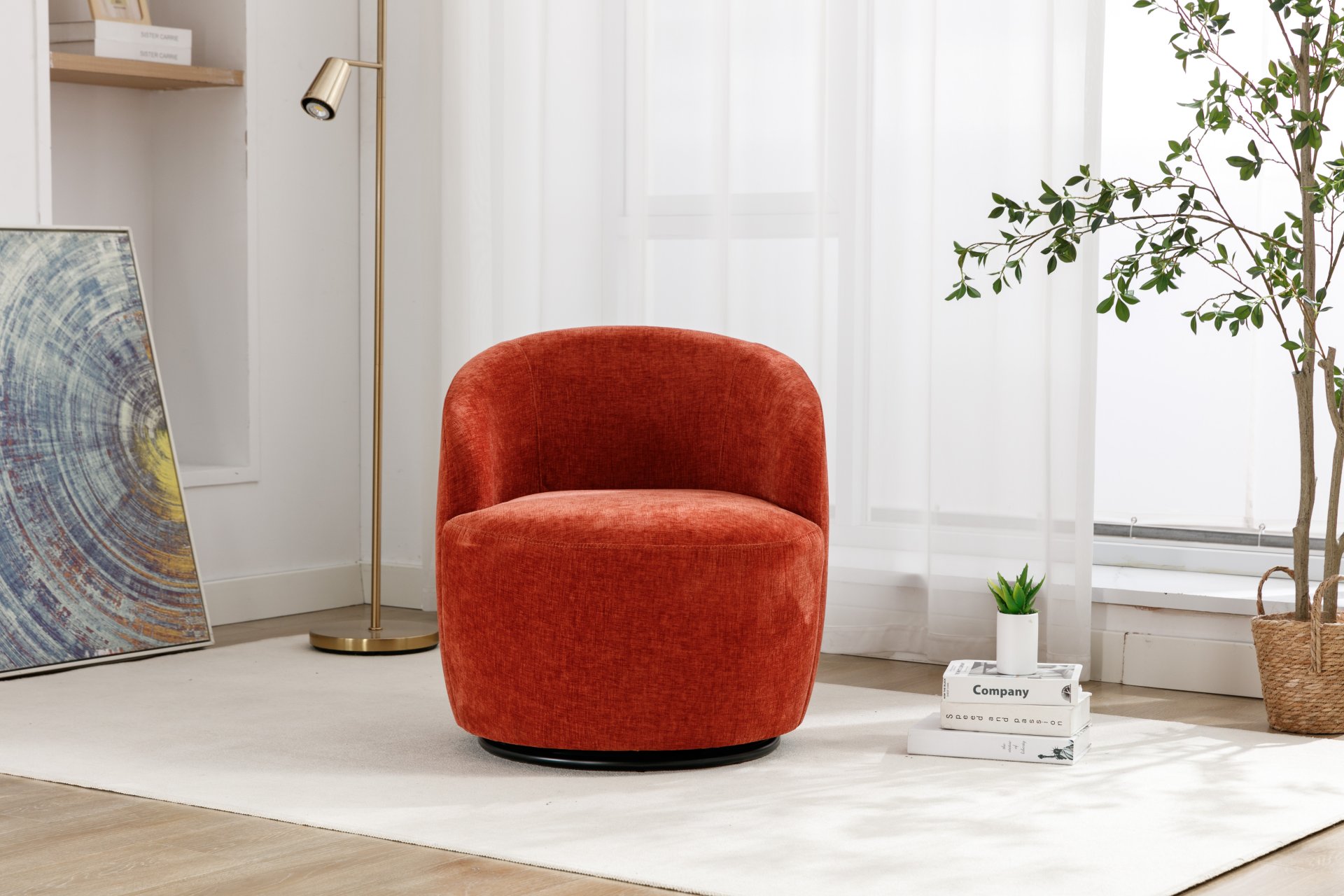 Chenille Fabric Swivel Accent Armchair Barrel Chair With Black Powder Coating Metal Ring - Orange - Image 7
