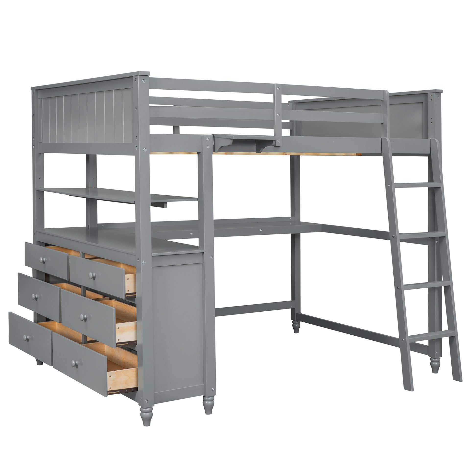 Full Size Loft Bed With Drawers And Desk With Shelves - Gray - Image 4