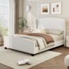 King Size High Headboard Wingback Linen Upholstered Bed No Box Spring - Beige - Image 2