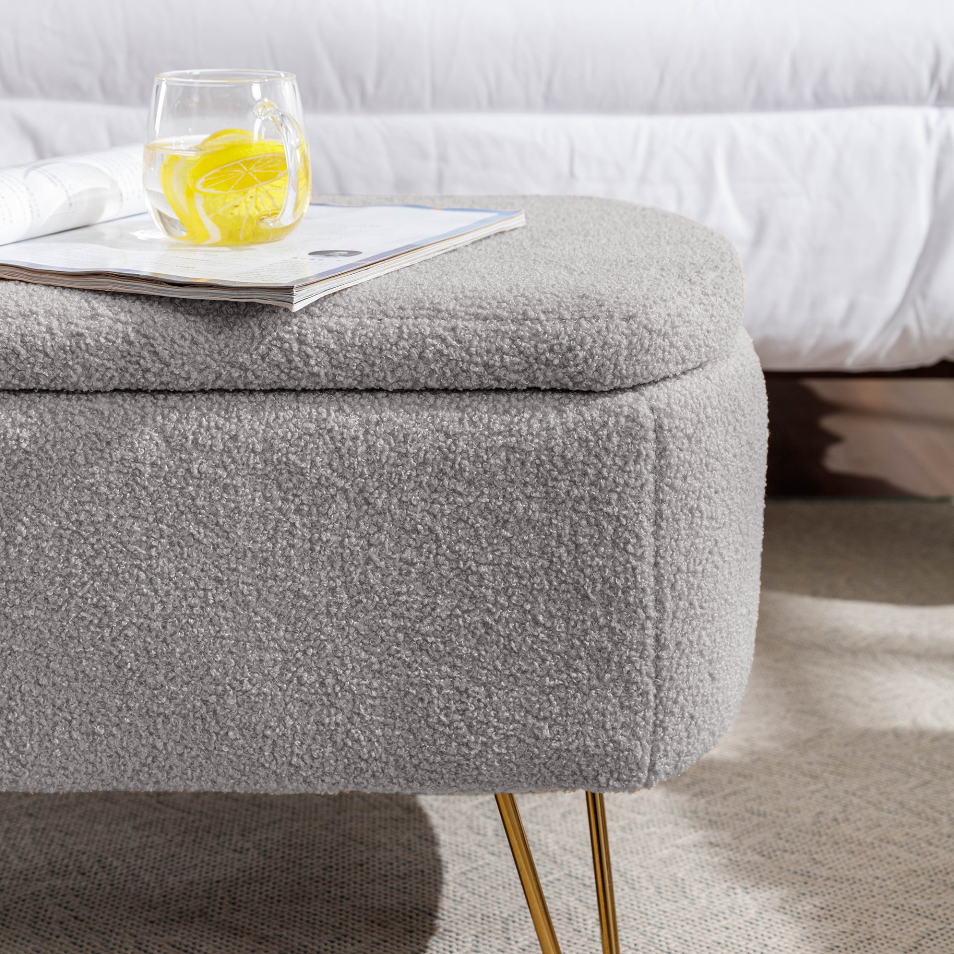 Storage Ottoman Bench For End Of Bed Gold Legs, Modern Gray Faux Fur Entryway Bench Upholstered Padded With Storage For Living Room Bedroom - Gray - Image 9