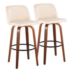 Toriano - Mid-Century Modern Fixed Height Barstool With Swivel With Round Footrest (Set of 2) - Walnut / Cream