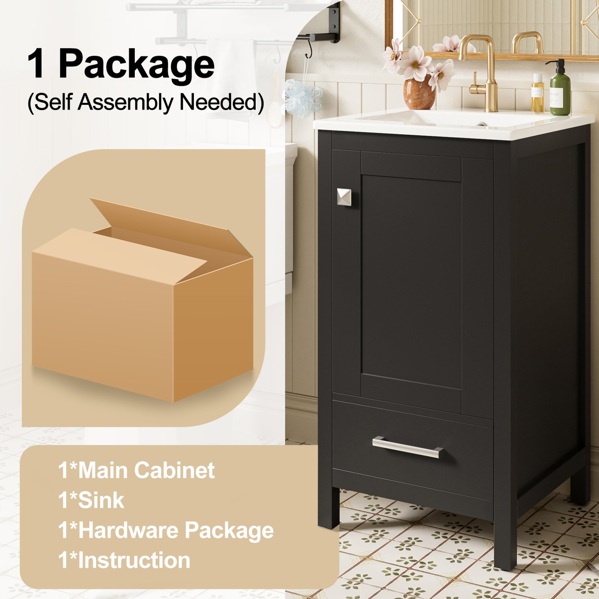 18" Bathroom Vanity With Sink, Soft Close Drawers, Door Organizer, Divider Drawer, Adjustable Foot Pads - Black - Image 10